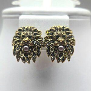Heidi Daus Lion Head Clip on Earrings with Swarovski Crystal and Glass Pearls